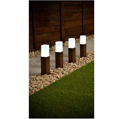 Image of spot on dealz® 4pk Solar Garden Lights Outdoor Stake Pathway Lighting Driveway Stakes Path Rattan Effect Brown Post Light Patio Border Decoration White LED