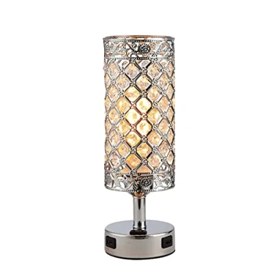 Image of Crystal Bedside Table Lamp with 2 USB Charging Ports Nightstand Lamps Decorative Shade for Living Room Bedroom Desk Beside Study Book Lamp,A