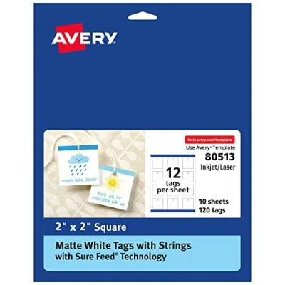 Image of Avery Square Tags with Sure Feed Technology, 2&quot; x 2&quot;, Matte White, 120 Strings, Print to The Edge, Laser/Inkjet Printable (80513)