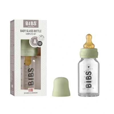 Image of BIBS Baby Glass Bottle. Anti Colic. Round Natural Rubber Latex Nipple. Supports Breastfeeding, Complete Set 110 ml, Sage