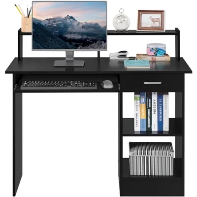 Image of Yaheetech Black Computer Desk, Small Home Office Desk with 1 Drawer Keyboard Tray, PC Laptop Table Shelves, Modern Style Desks for Spaces, Bedroom, Home, Office, 106x50x94cm