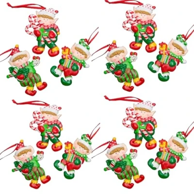Image of Christmas Tree Hanging Decorations Elf Holding Gifts Candy Xmas Wall Home Décor Ornaments 12pcs Set