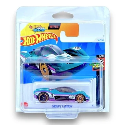 Image of Hot Wheels Group C Fantasy (Teal &amp; Purple Let&#039;s Race) 1/10 HW Race Day 2024 74/250 (Short Card) COMES IN A GENUINE KLAS CAR KEEPER PROTECTOR CASE HTD25