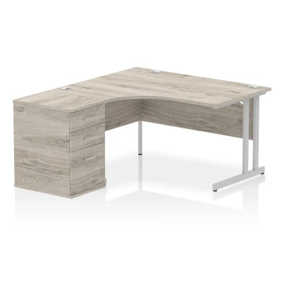 Image of Impulse 1400 LH Crescent Desk Grey Oak/Silver Cantilever 600 DH Ped