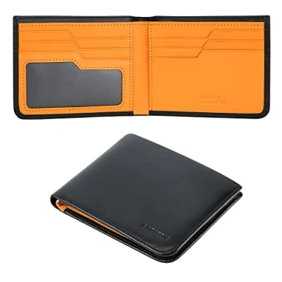 Image of Calfskin Slim Wallets for Men RFID Blocking Leather Front Pocket Mens Minimalist Wallet Bifold Easy Access Ladder Card Slots, Black, S,