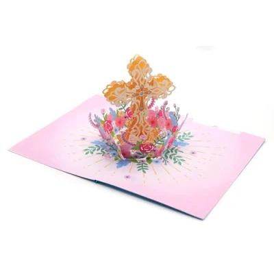 Image of Holly Cross 3D Pop Up Card, Greetings Handmade Card for Blessing Prayer Resurrection Religious Baptism Faith Ordination Chirstening, Gift Friends and Family