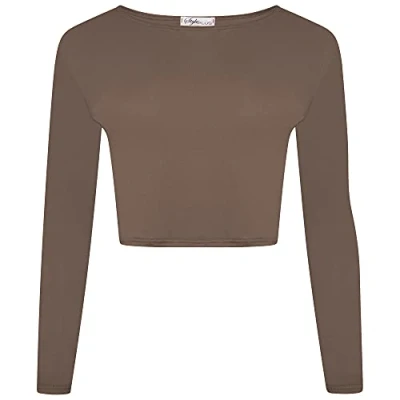 Image of New Womens Crop Long Sleeve T Shirt Ladies Short Plain Round Neck Top 8 14 (Mocha, S/M (UK 10))