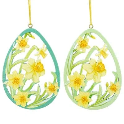 Image of Gisela Graham Daffodil Fretwork Wood Egg Decorations set of two