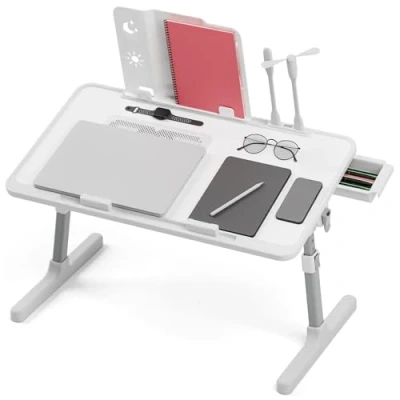 Image of cadciehe Laptop Laps Desk, Bed Tray Table Include Cooling Fan, Adjustable Desk with Light Folding for USB, Storage Drawer Grey