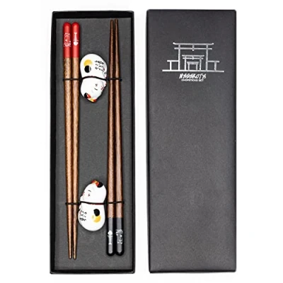 Image of Wood Chopsticks Set with Ceramic Panda Rest (Lucky Cat)