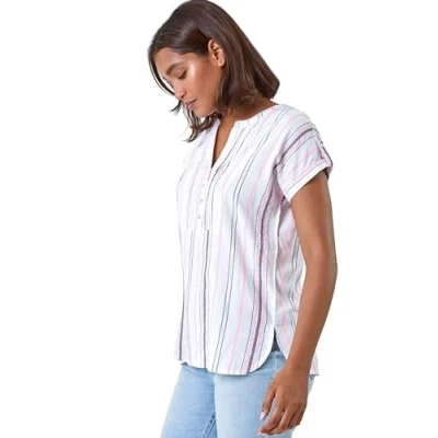 Image of Roman Originals Short Sleeve Shirt for Women UK Ladies Tunic Top Summer Blouse Casual Smat T Spring Work Cocktail Party Going Out Special Occassion Holiday V Neck Pink White Size 18