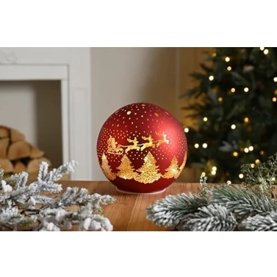 Image of Festive Productions Christmas Light Up Glass Red Santa Sleigh Ball 15cm Battery Operated Decoration For Home Lights