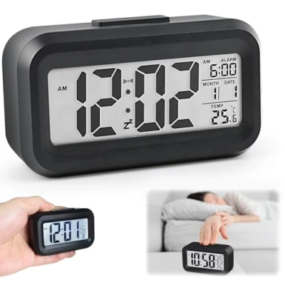 Image of Digital Alarm Clock, Clock Battery Operated, Bedside LED Display with Temperature Snooze Calendar Small Portable Travel for Home Office