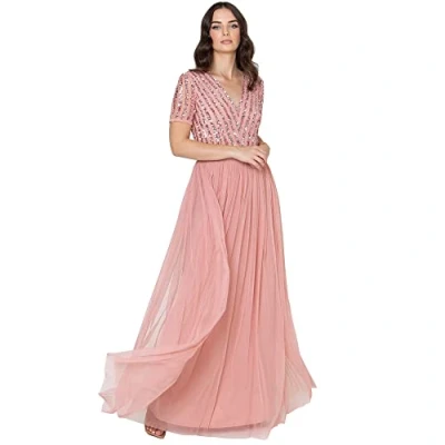 Image of Maya Deluxe Women&#039;s Maxi Dress Ladies Bridesmaid V Neck Ball Gown Short Sleeves Long Elegant Empire Waist Wedding, Blossom, 14