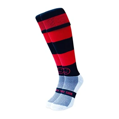 Image of WackySox Red and Black Hoop Rugby Socks, Sports Socks for Men Women, Mens Work Perfect Riding, Football, Running, Hockey other Activities
