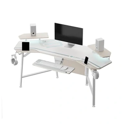 Image of EUREKA ERGONOMIC Gaming Desk with LED Lights 182 x 76cm Wing Shaped Computer Large Office Workstation PC Table w Keyboard Tray, Dual Monitor Shelves,Dual Headphone Hanger Cup Holder
