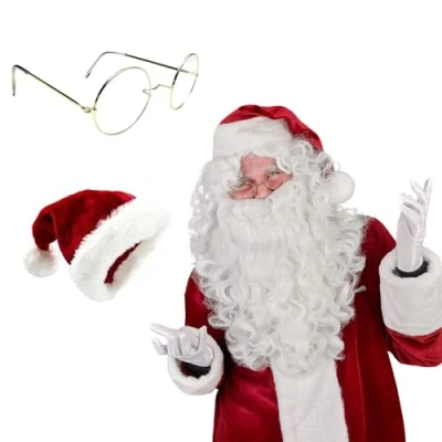 Image of Adult Deluxe Santa Claus Father Christmas Wig with Beard &amp; Eye Brows + Hat Glasses Xmas Novelty Halloween Fancy Dress Costume Holiday Party Props