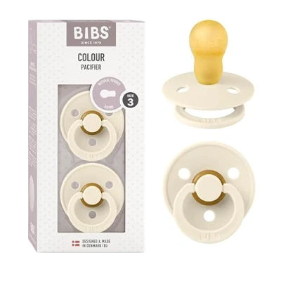 Image of BIBS Colour Soother 2 Pack, BPA Free Dummy Pacifier, Round Nipple. Natural Rubber Latex, Made in Denmark, Size 3 (18+ Months), Ivory