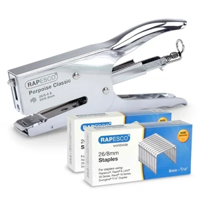 Image of Rapesco 1298A Porpoise Classic Stapling Plier with 10,000 Type 26/8mm Staples, 45 Sheet Capacity, Chrome