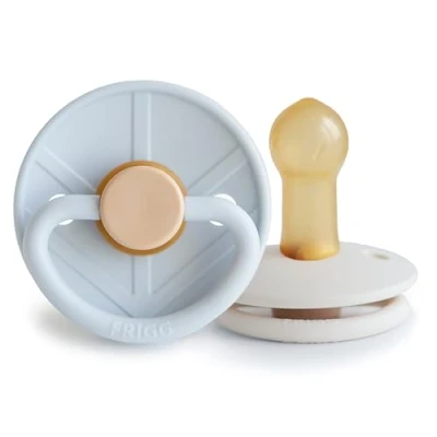 Image of FRIGG Little Viking Latex Pacifier Pack of 2 Pacifiers Natural Rubber Soother Dummy BPA Free Made in Denmark Symmetrical Cherry Shaped Nipple (Powder Blue/Cream, Size (6 18 Months))