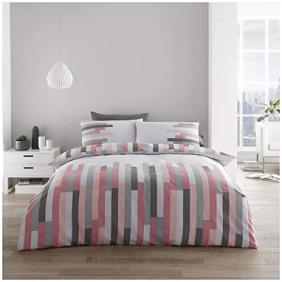 Image of GC GAVENO CAVAILIA Geometric Duvet Cover Super King Size, Easy Care Poly Cotton Bedding Set, Reversible Bed Covers, Blush Pink