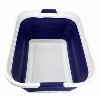 Image of SAMMART 42L Collapsible Plastic Laundry Hamper/Basket Foldable Storage Container/Organizer Portable Basket Easy Space Saving (White/Navy Blue)