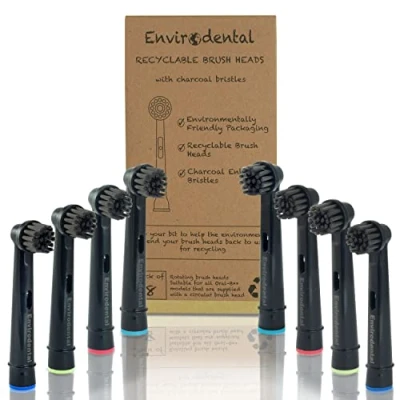 Image of Eco Friendly Replacement Toothbrush Heads by Envirodental Fully Recyclable Pack of 8 Brushes with Activated Charcoal Bristles for Electric Toothbrushes