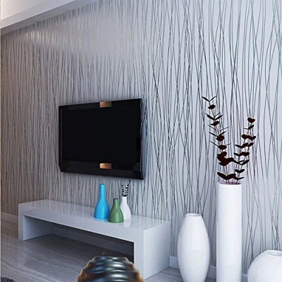 Image of YangYun Home Decoration Modern Fashion Classic Non Woven Flocking Plain Stripe Curve for Living Room Bedroom Pasted Wallpaper Roll Silver Gray 0.53m(1.73&#039; W) x 10m(32.8&#039;L)=5.3m2 (57 sq.ft)
