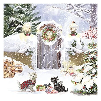Image of Ling Design Pack of 6 Charity Christmas Cards &#039;Dogs at the Gate&#039; Lovely with Dogs &amp; Presents in Snow 1