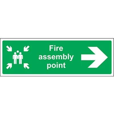Image of Fire assembly point directional right arrow Safety sign 1.2mm Rigid plastic 450mm x 150mm
