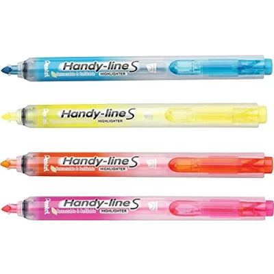 Image of Pentel Handy line S Retractable Highlighter, Chisel Tip, Assorted Ink Colors, 4/ Pack (SXS15BP4M)