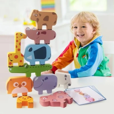 Image of AIPLUX Toddler Toys for 3 Year Old, Wooden Building Blocks Animal Stacking Montessori 4 5 Fine Motor Skills Educational Years Old Kids Boys Girls