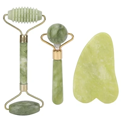 Image of Jade Roller Massage Gua Sha Set, Natural Anti Aging Face for Eye Puffiness, Skin Tightening, Skincare