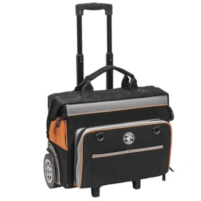 Image of Rolling Tool Bag, Water Resistant Storage Organizer Rolls on Rugged 15 cm Wheels, 24 Pockets, Load Tested to 90 kg, Klein Tools 55452RTB,Black/Orange