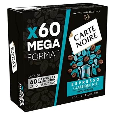 Image of Carte Noire, Espresso Classique, Nespresso Compatible Aluminium Capsules, 1 Pack of 60 Coffee Pods, 100% Arabica, Citrus Fruit and Chocolate Notes, Intensity 7/10, Round Bodied Well Balanced