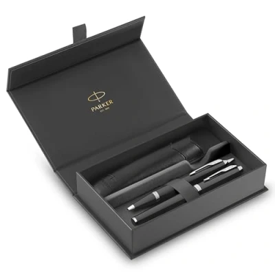 Image of Parker IM Duo Pen Gift Set Fountain Pen, Ballpoint &amp; Pouch Black Lacquer Finish with Chrome Trims Medium Tip Blue Ink Refills Perfect Graduation Gifts