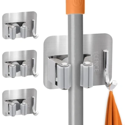 Image of ECENCE 4X Self Adhesive Device Holder with Hook Appliance mop Broom Wall for Kitchen Utility Room Bathroom Universal Quick Release Silver