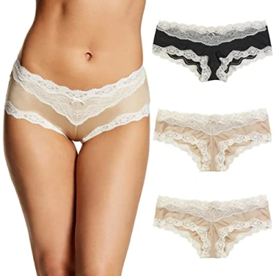 Image of Maidenform Women&#039;s Cheeky, Lace Hipster Panties, Sexy Underwear, 3 Pack, Latte Lift/Black/Latte Lift, S (Pack of 3)