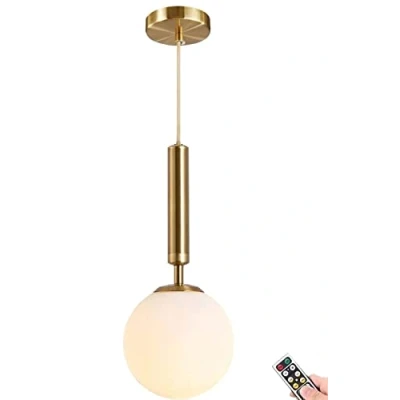 Image of ZOBRO Wireless Battery Operated Pendant with Remote &amp; Dimmable Bulb, Not Hardwired Powered Ceiling Lamp, White Frosted Glass Globe Shade Adjustable Island Light Fixture, Gold, 7.9inch