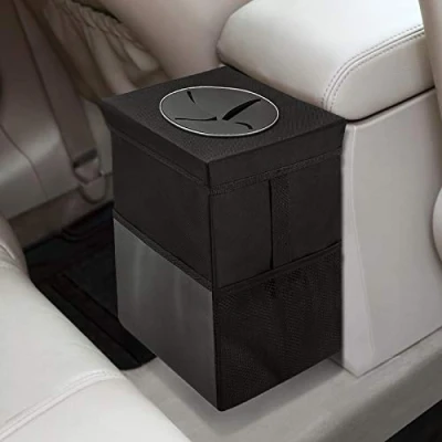 Image of Car Trash Can with Lid Bag Hanging Storage Pockets Collapsible and Portable Garbage Bin, Leak Proof Organizer, 7L Large Capacity Multipurpose Bin for