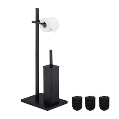 Image of Relaxdays WC Accessory Set, Standing Toilet Paper &amp; Brush Holder, incl. 3 Replacement Heads, 72.5 x 27.5 21.5cm, Black