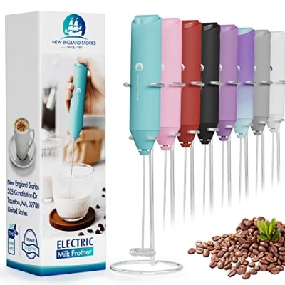 Image of Electric Milk Frother Handheld, Battery Operated Whisk Beater Foam Maker for Coffee, Cappuccino, Latte, Matcha, Hot Chocolate, Mini Drink Mixer, With Stand, Aqua
