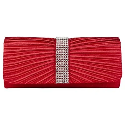 Image of Eleoption Womens Satin Diamante Ladies Pleated Bow Wedding Bridal Prom Handbag Clutch Bag, Red