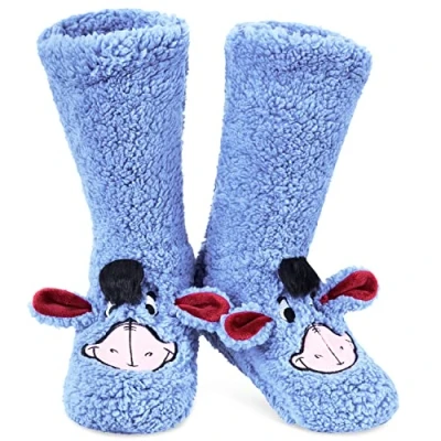 Image of Disney Slipper Socks for Women and Teenagers Fleece Non Slip One Size Stitch Gifts (Blue Sherpa Eeyore)