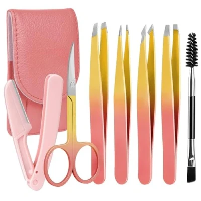 Image of Professional Tweezers Set (7 Piece), for Facial Hair Women, Precision with Travel Case, Stainless Steel Eyebrow Kit Women and Men, Pink