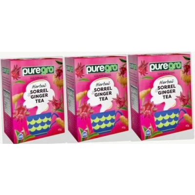 Image of Puregro Sorrel &amp; Ginger Tea 40g (20 Bags) PACK OF 3 Herbal 100% Pure Natural CAFFEINE FREE.