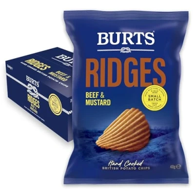 Image of Burts Ridges Beef &amp; Mustard Hand Cooked Crisps 20 x 40 g Multipack Box Gluten Free, Hydrogenated Fat Non GMO and Potato Chips