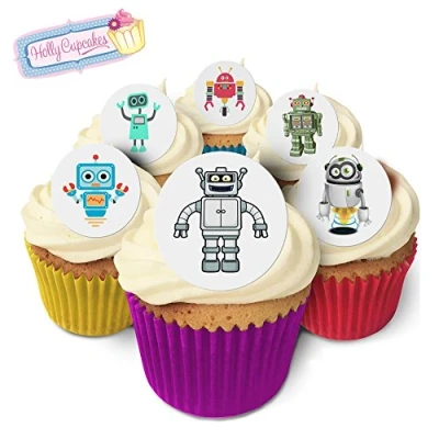 Image of Holly Cupcakes 24 Edible Wafer Cake Toppers Robots, UK Made, Sugar Free, CAKE_TOPPER