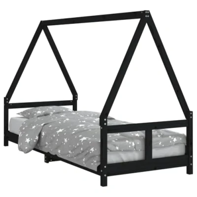Image of vidaXL Kids Bed Frame Black, Solid Pine Wood, House Style Design, Low to the Ground, Wooden Slats, Fits 80 x 200 cm Mattress