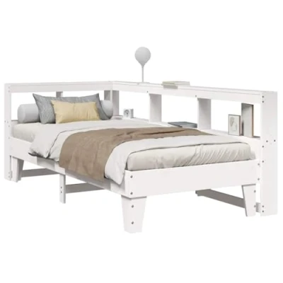 Image of vidaXL White 100x200 cm Solid Pinewood Bookcase Bed Frame with Storage Space Saving Slatted Base and Headboard for Bedroom